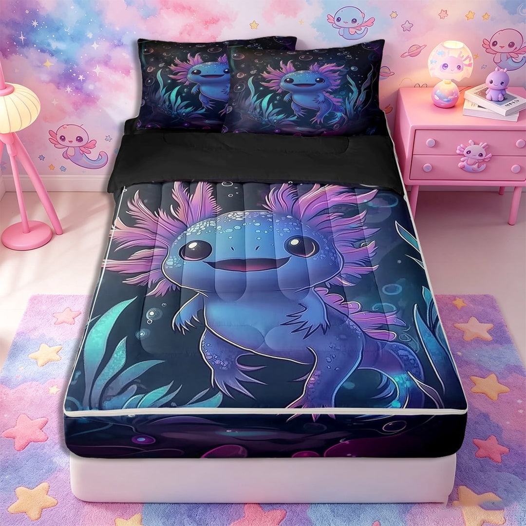 Meiyoeat Dreamy Axolotl Print Zipper Twin Comforter Sets with Fitted Sheet and 2 Pillowcases, Neon Underwater Bubble Pattern Zipper Bedding Set, Blue Purple,4-Piece,Black Reversible