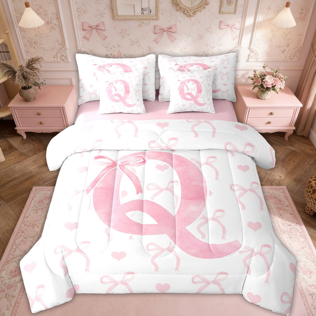 Erosebridal Pink Bowknot Bedding Twin Size, Initial Q Letter Bed in a Bag Twin size, Cartoon Love Decor, Reversible