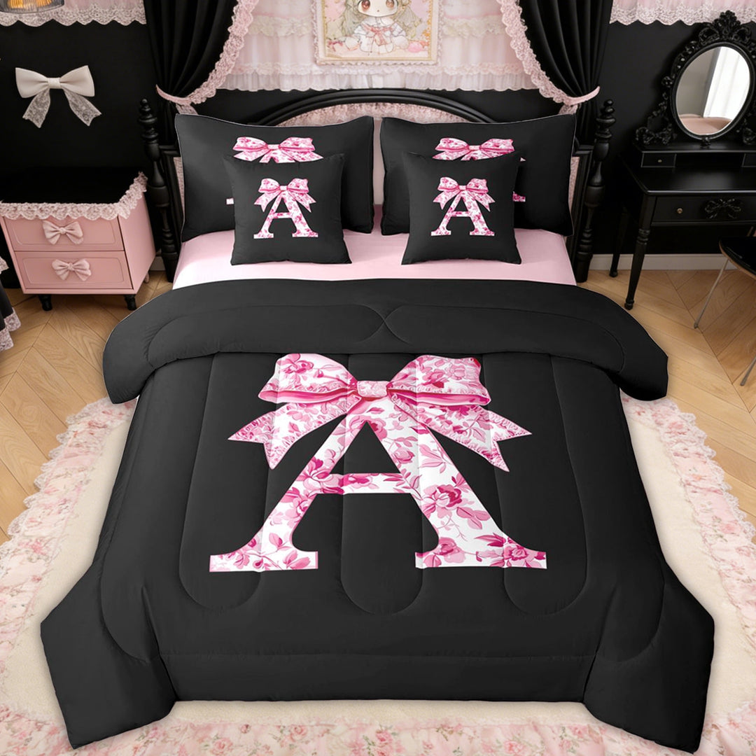 Erosebridal Floral Bow Letter A Twin Bedding Sets for Girls, Pink Initial Ribbon Bedding Comforter Set, Reversible, 7-Piece