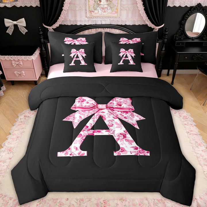 Erosebridal Floral Bow Letter A Twin Bedding Sets for Girls, Pink Initial Ribbon Bedding Comforter Set, Reversible, 7-Piece