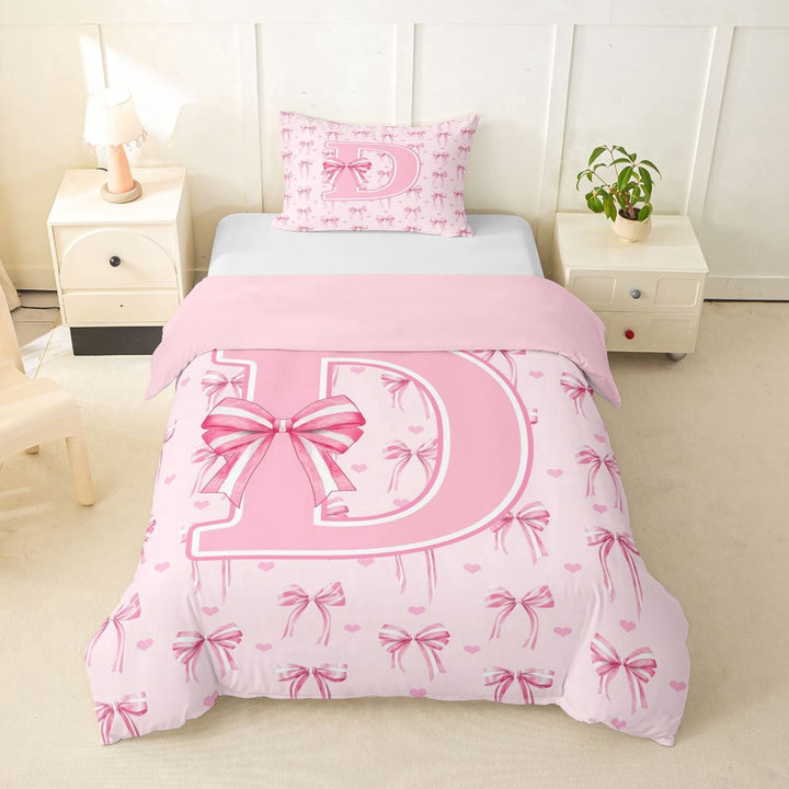Erosebridal Pink D Personalized Initial Twin Bedding For Girls Teens,Kawaii Ribbon Bow Knot Girl Duvet Cover Set,Pink Reversible,2pcs,No Comforter