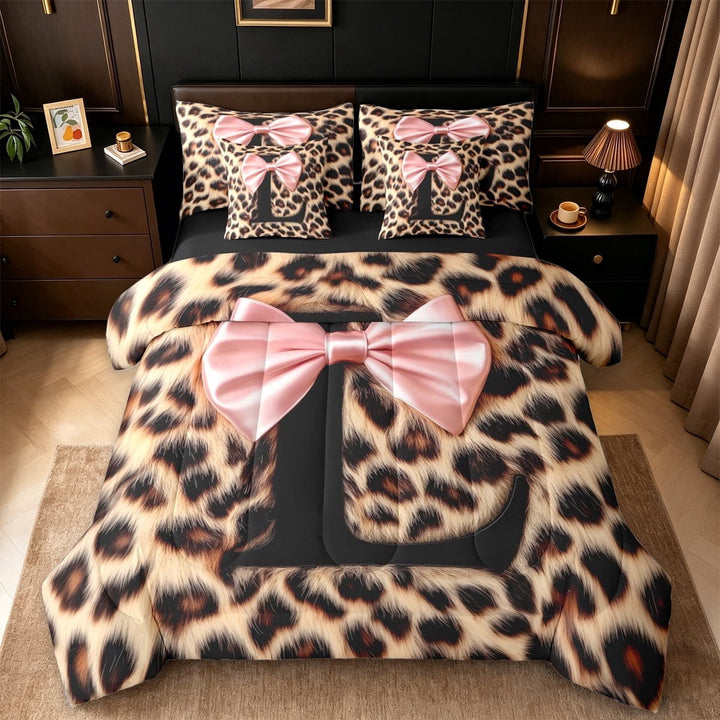 Erosebridal Letter L Initial Kids 7-Piece Twin Bedding Sets For Girls,Brown Cheetah Pattern Bedding Comforter Set,Black Reversible