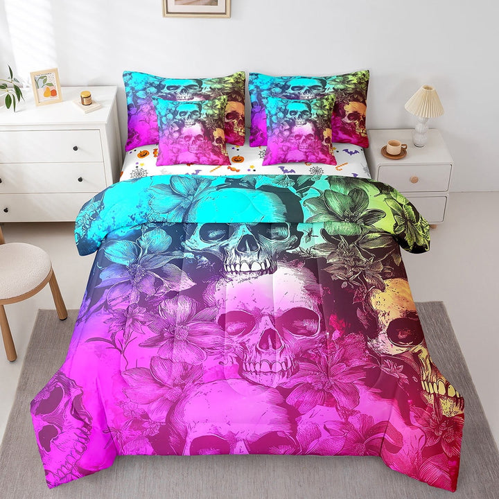 7 Piece Gothic Skull Floral King Bed in a Bag,Colorful Flower Skull Bedding Set Horror Halloween Decor for Home,Vintage Skeleton Skull Bed Set with Fitted Sheet,Flat Sheet