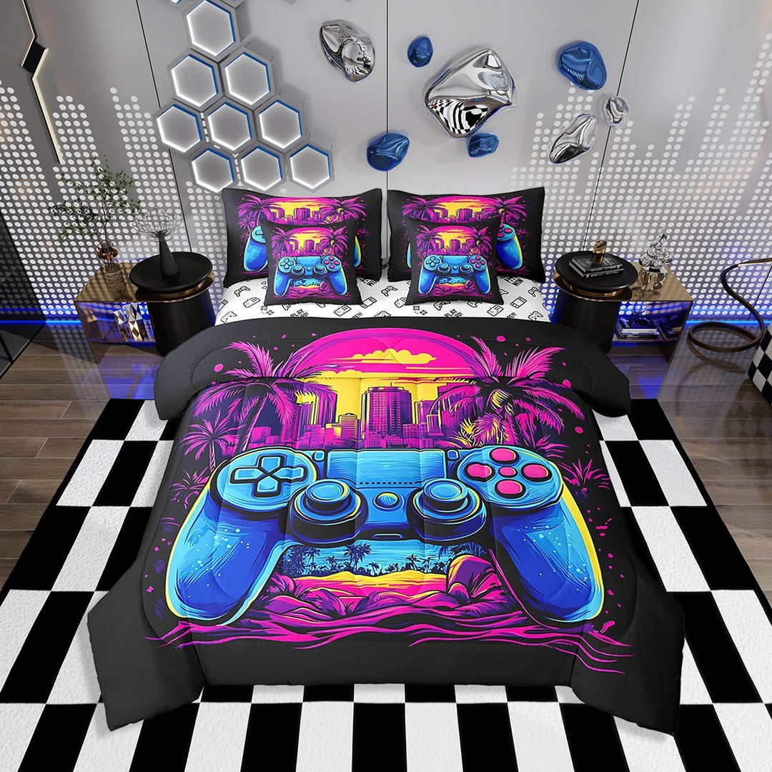 Erosebridal Gamer Comforter Set with Sheets Twin Size Gaming Bed in a Bag Set Teens Modern Game Console Controller 7 Pieces Bedding Set Joystick Room Decor Purple Blue