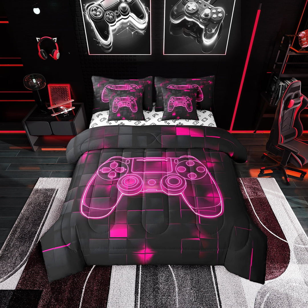Gamer Comforter Set Twin Video Game Gaming 7 Piece Bed In A Bag Hot Pink Black Gamepad Bedding Set With Comforter, Sheets, Pillowcase &amp; Covers Geometric Grid Bed Set