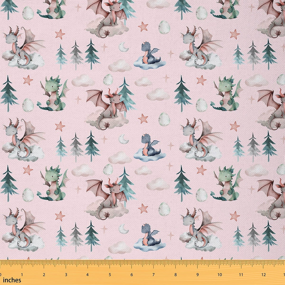 Castle Fairy Cute Dragon Fabric by the Yard 2 Yard,Jungle Animal Sewing Fabric,Cartoon Wildlife Home Decor Fabric by the Yard,Lightweight Kawaii Room Decor
