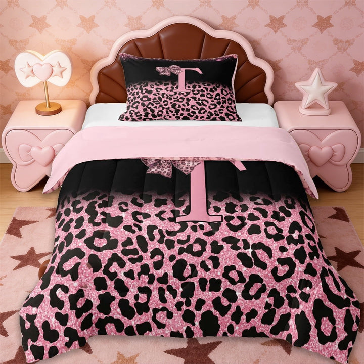Erosebridal Initial Alphabet T Twin Comforter Sets,Wild Cheetah Print Kids Pink Bowknot Bedding Set For Leopard Lovers,Reversible pink,2pcs
