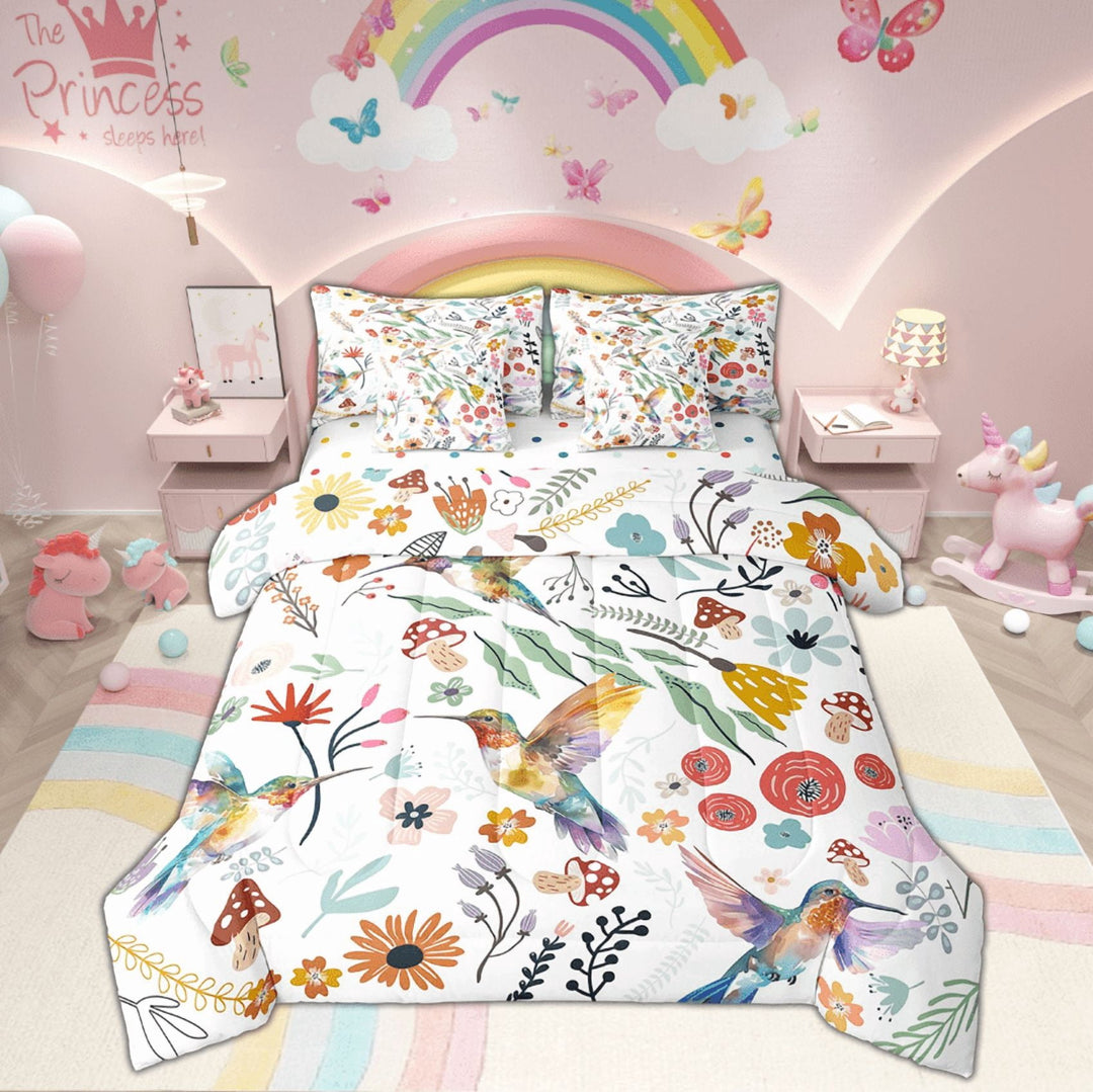 Cute Hummingbird Comforter Set 7 Piece Bed in a Bag Twin,Mushroom Floral Cartoon Animal Bedding Sets Watercolor Flowers Leaves Sheet Set with Comforter