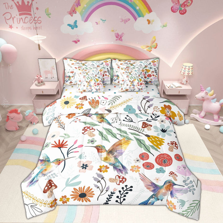 Cute Hummingbird Comforter Set 7 Piece Bed in a Bag Twin,Mushroom Floral Cartoon Animal Bedding Sets Watercolor Flowers Leaves Sheet Set with Comforter