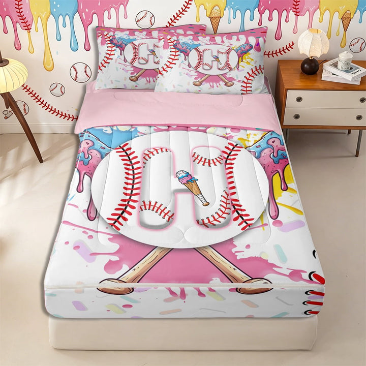 Meiyoeat Ice Cream Baseball Letter H Zipper Full Size Comforter Sets with Fitted Sheet and 2 Pillowcases for Girls Adults, Lovely Print Zipper Bedding Set for Nursery,4pcs,Pink Reversible