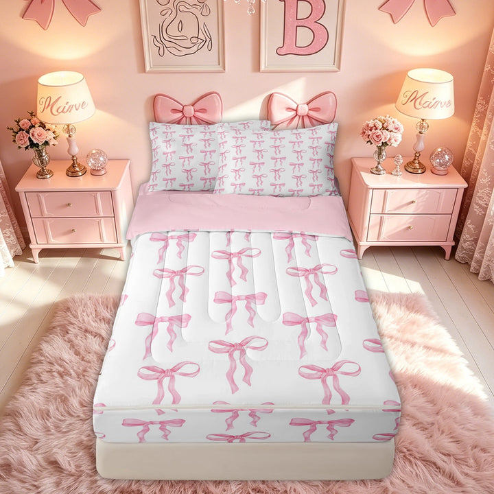meiyoeat Watercolor Bow Zipper Twin Comforter Sets with Fitted Sheet and 2 Pillowcases for Girls Kids, Princess Bowknot Style Zipper Bedding Set, Pink White, Pink Reversible, 4-Piece