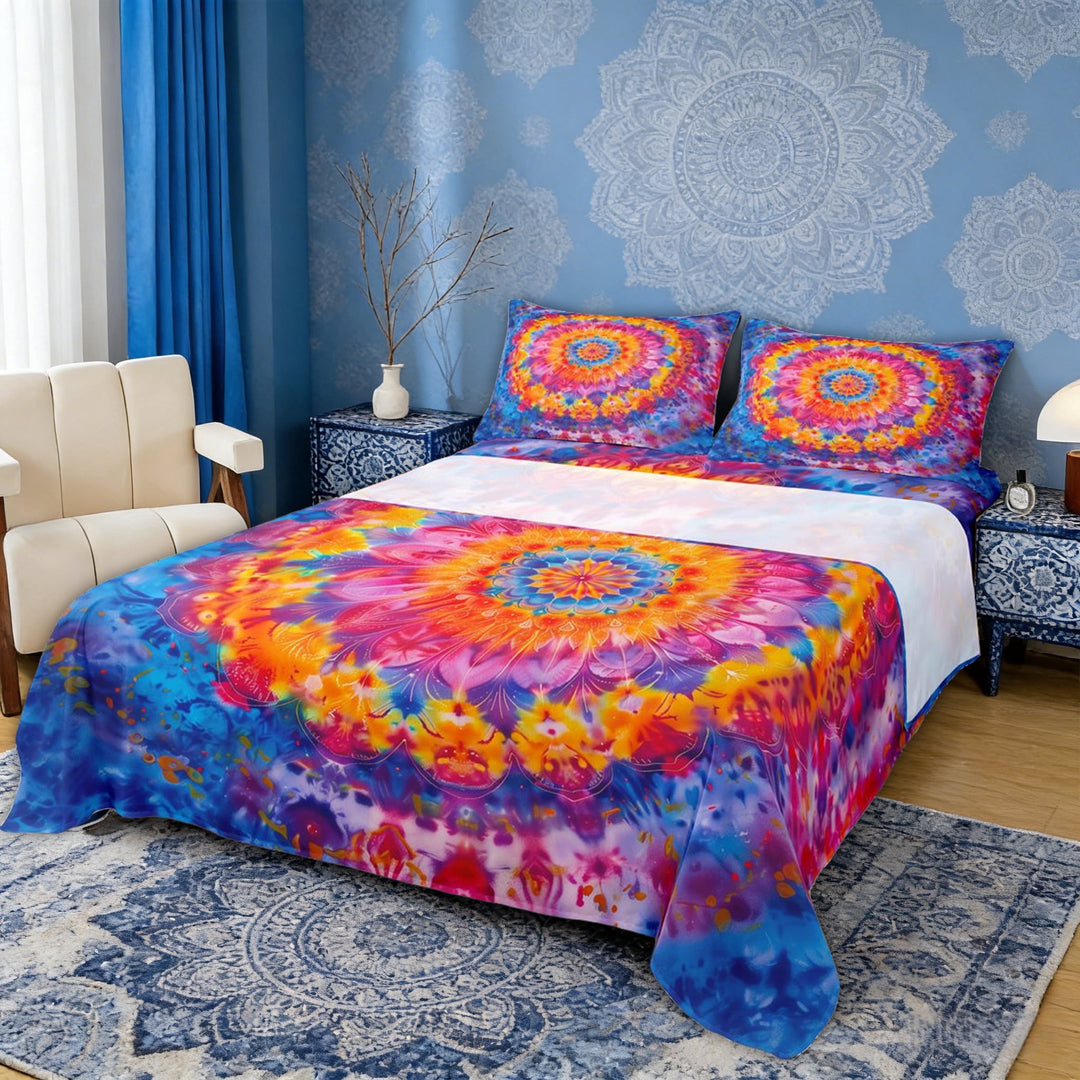 Erosebridal Boho Mandala Full Size Sheets, Bohemian Tie Dye Bed Sheets, Navy Orange, 4pcs 1 Flat Sheet, 1 Fitted Sheet and 2 Pillowcases