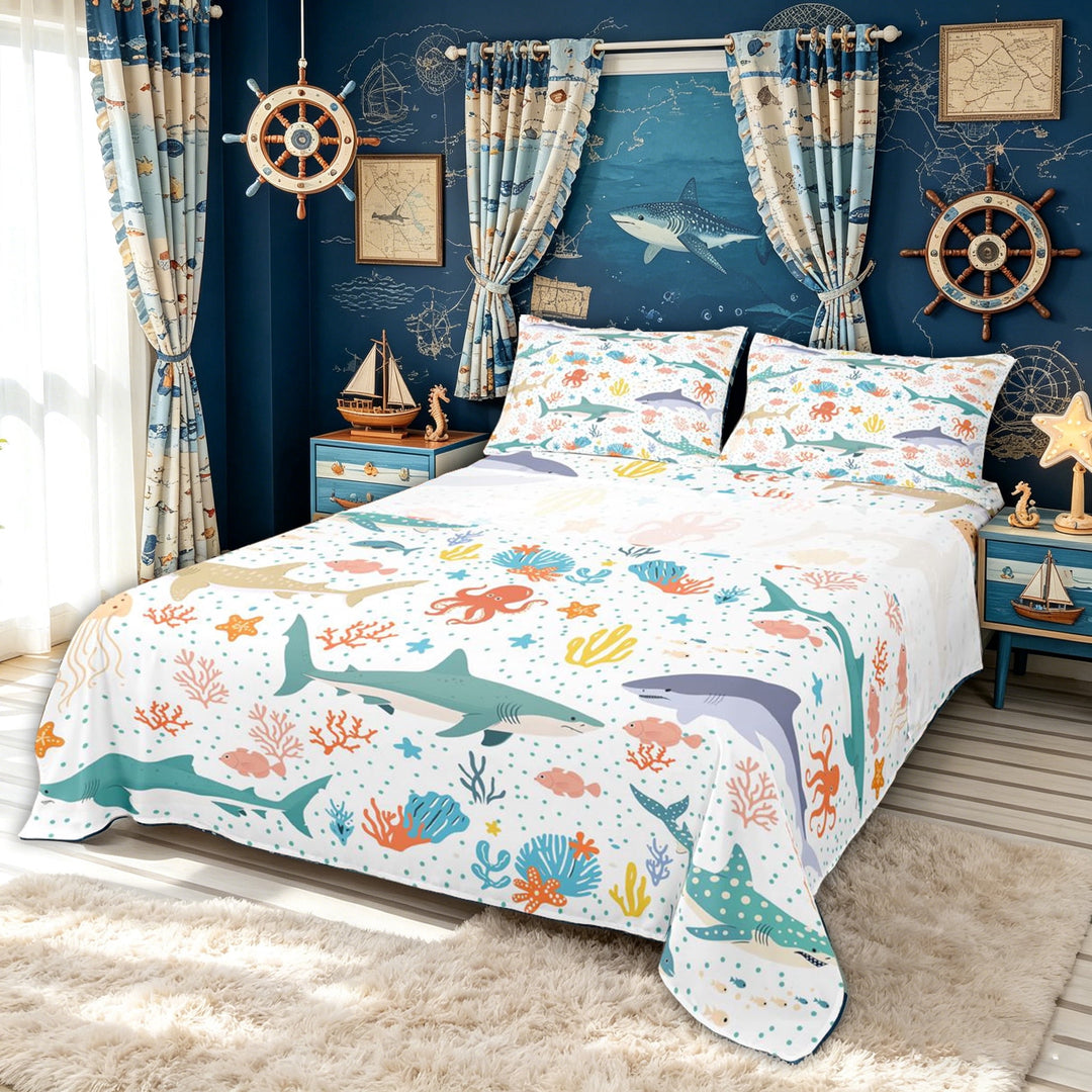meiyoeat Playful Shark Octopus Bed Sheets for Kids Boys, Ocean Animal Full Size Sheets for Bedroom, Multicolor, 4pcs