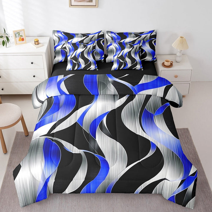 Erosebridal Blue Stripes Bedding Sets Twin Size,Abstract Artwork Comforter Sets with Sheets,Spiral Lines Bed in a Bag Twin size,Lightweight Geometric Bedroom Decorative,Reversible,7pcs