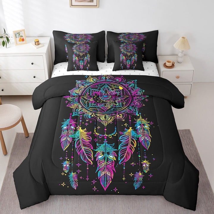 Dreamcatcher Bed in a Bag King Size Comforter Set 7 Pieces,Bohemian Dream Catchers Bedding Sets Exotic Mandala Floral Feather Sheet Set with Comforter
