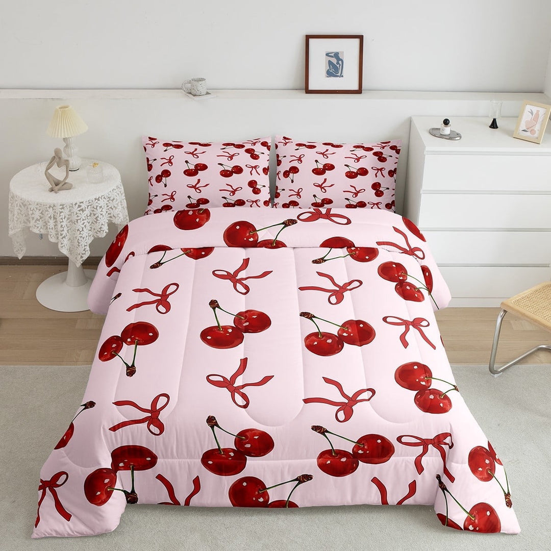 Erosebridal Dreamy Cherry Comforter Sets Full Size, Cartoon Bow Comforters &amp; Duvets, Princess Style Decor, Microfiber 3 Pieces