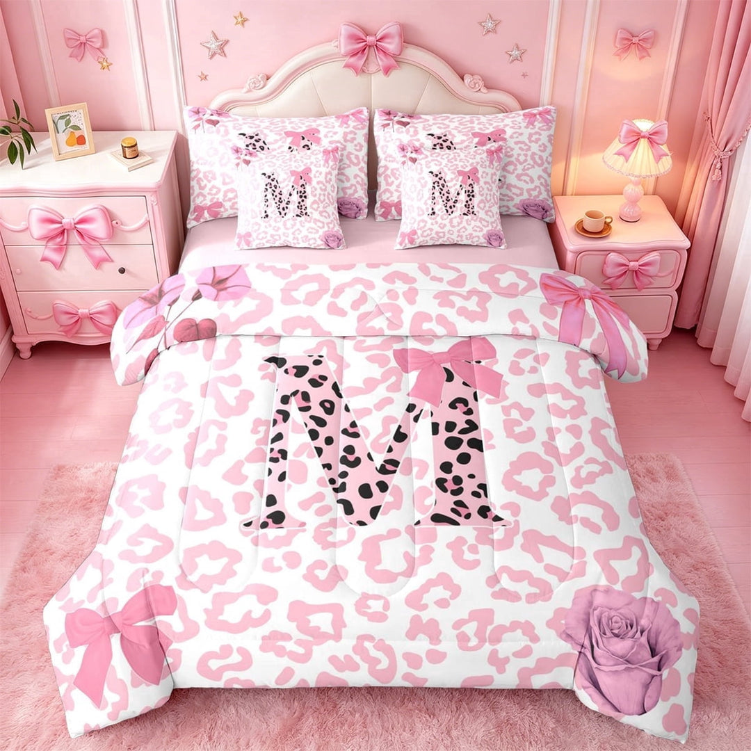 Erosebridal Girls Pink Cheetah Pattern 7-Piece Twin Bedding Sets For Kids,Abstract Leopard Print Letter M Monogrammed Bedding Comforter Set,Pink Reversible