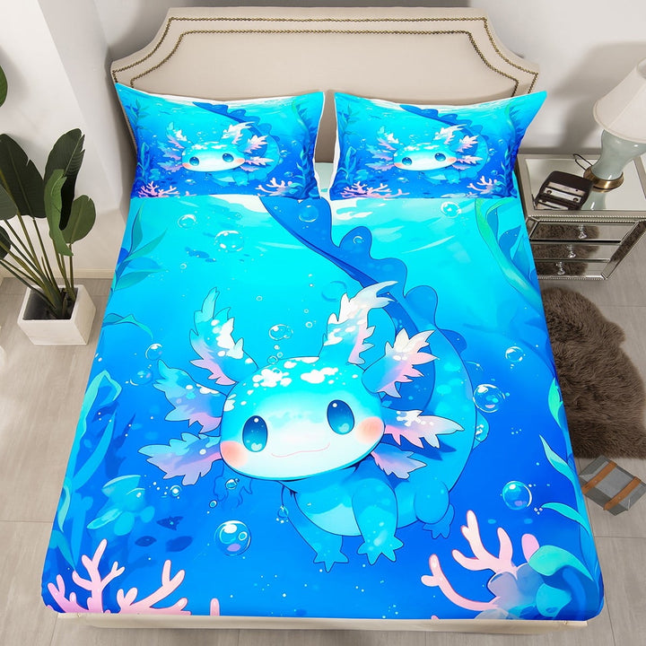 Axolotl Bedding Set Full Size,Cute Animal Salamander Bed Sheets Teens Blue Ocean Sealife Fitted Sheet Kawaii Sea Creature Sheets£¨No Top Sheet£©
