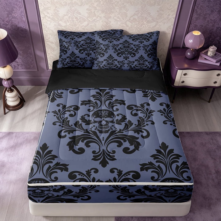 meiyoeat Dark Skull Zipper Queen Comforter Set with Fitted Sheet and 2 Pillowcases,Damask Print Zipper Bedding Set For Adults,Slate Black,Black Reversible,4pcs