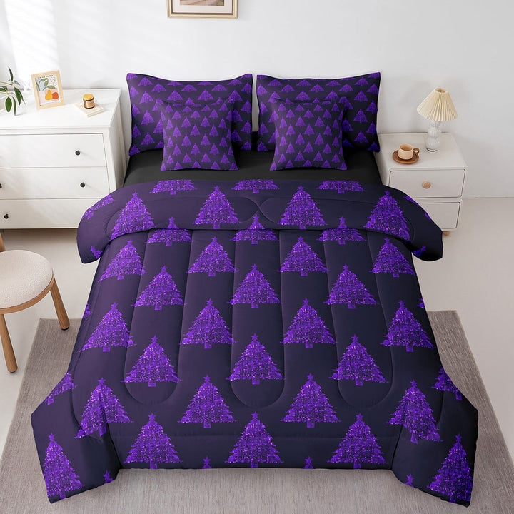 Christmas King Comforter Set With Sheets 7 Piece Dark Purple Christmas Tree Bed In A Bag Winter Xmas Pine Tree Bedding Set Adults Women Men,Retro Holiday New Year Bed Set