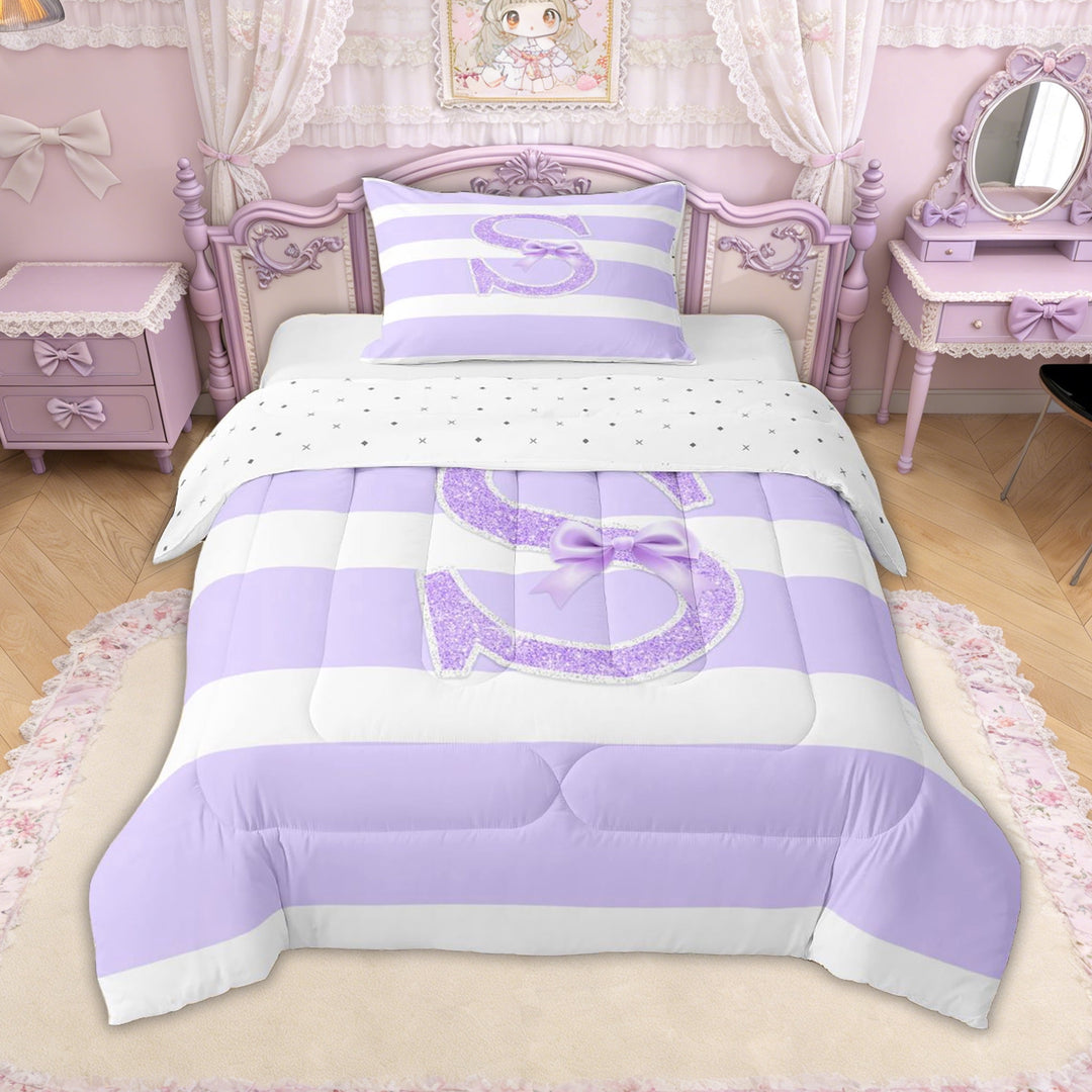 Erosebridal Purple Glitter Print Letter S Twin Comforter Sets for Girls, Fashion Bow Bedding Set, Reversible, 2-Piece