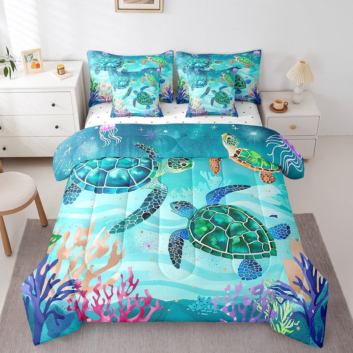 Sea Turtle Bed in a Bag Queen Comforter Set 7 Piece,Coastal Bedding Sets Nautical Sea Animal Sheet Set with Comforter Jellyfish Ocean Reptile Room Decor