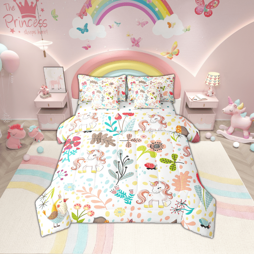 Cute Unicorn Comforter Set With Sheets Kawaii Unicorn Full Bed In A Bag 7 Pieces ,Nature Leaves Flowers Decor Bedding Set,Cartoon Magical Animal Bed Set