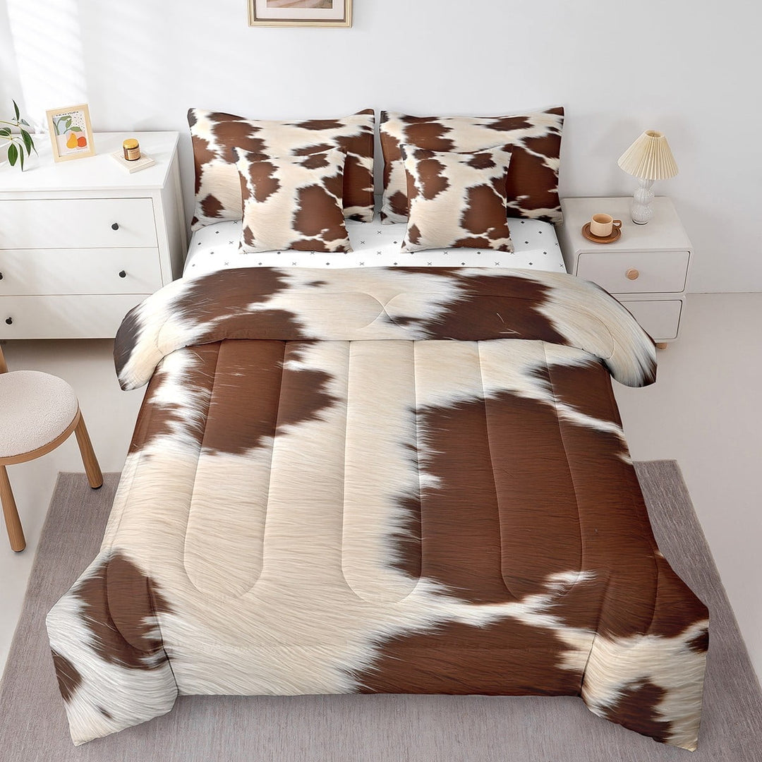 7Pcs Rustic Wildlife Comforter Sets King Size,Faux Cow Print Wildlife Bedding Bed In A Bag(1 Comforter,1 Flat Sheet 1 Fitted Sheet 2 Pillowcases And 2 Throw Pillow Covers)