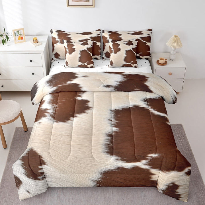 7Pcs Rustic Wildlife Comforter Sets King Size,Faux Cow Print Wildlife Bedding Bed In A Bag(1 Comforter,1 Flat Sheet 1 Fitted Sheet 2 Pillowcases And 2 Throw Pillow Covers)