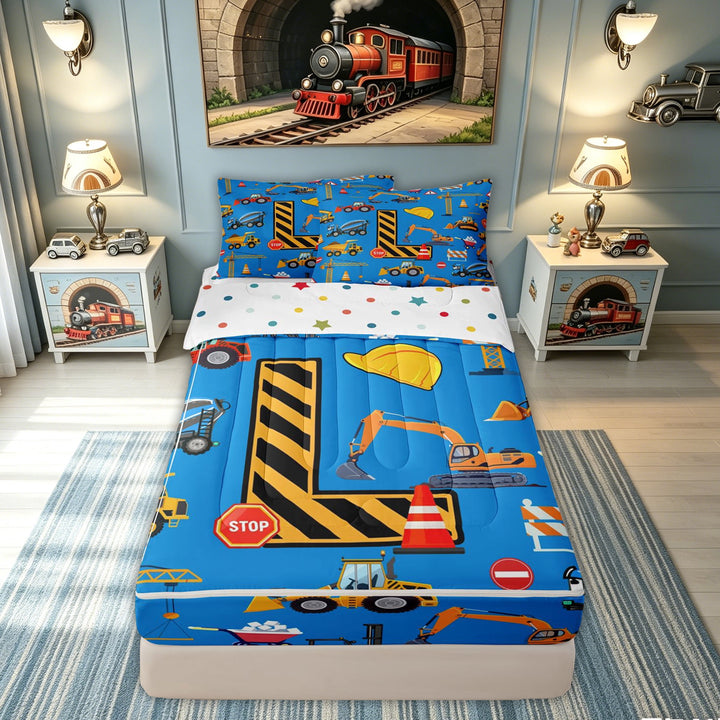 meiyoeat Construction L Initial Hard Hat Zipper Comforter Set with Fitted Sheet and 2 Pillowcases, Cartoon Truck Zipper Bedding Set for Boys Girls, Blue, Polkadot Reversible, 3pcs