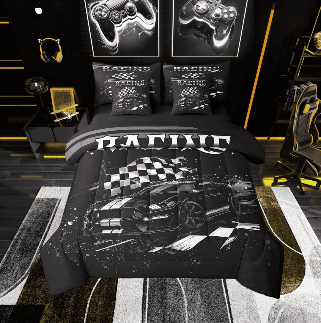 Sports Car Twin Comforter Set 7 Piece Teen Men Black White Checkered Flag Bedding Set Racing Car Bed In A Bag Extreme Sports Sheet Set With Comforter