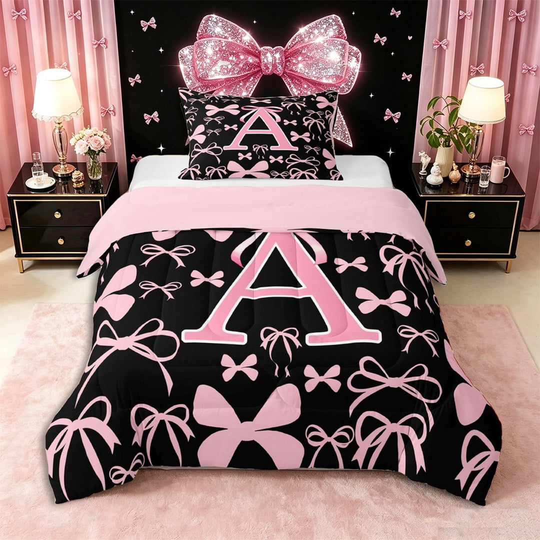 Erosebridal Letter Monogrammed A Twin Comforter Sets 3-Piece,Kawaii Ribbon Bow Bedding Set,Pink Reversible,Breathable Home Decor