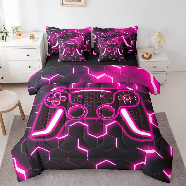 Erosebridal Teens Gamer Bedding Sets Twin Size,Geometric Honeycomb Comforter Sets with Sheets,Hexagon Room Decorative,Reversible,Breathable,7-Piece