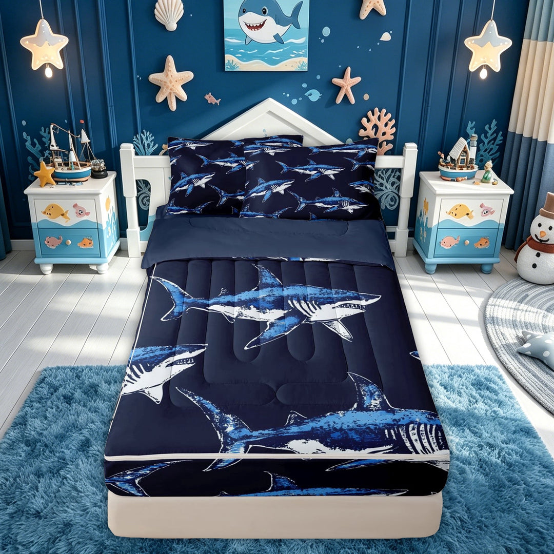 meiyoeat Vintage Blue Shark Zipper Full Size Comforter Sets with Fitted Sheet and 2 Pillowcases for Boys Men Kids, Ocean Marine Wildlife Zipper Bedding Set, Navy, Blue Reversible, 4 Pieces