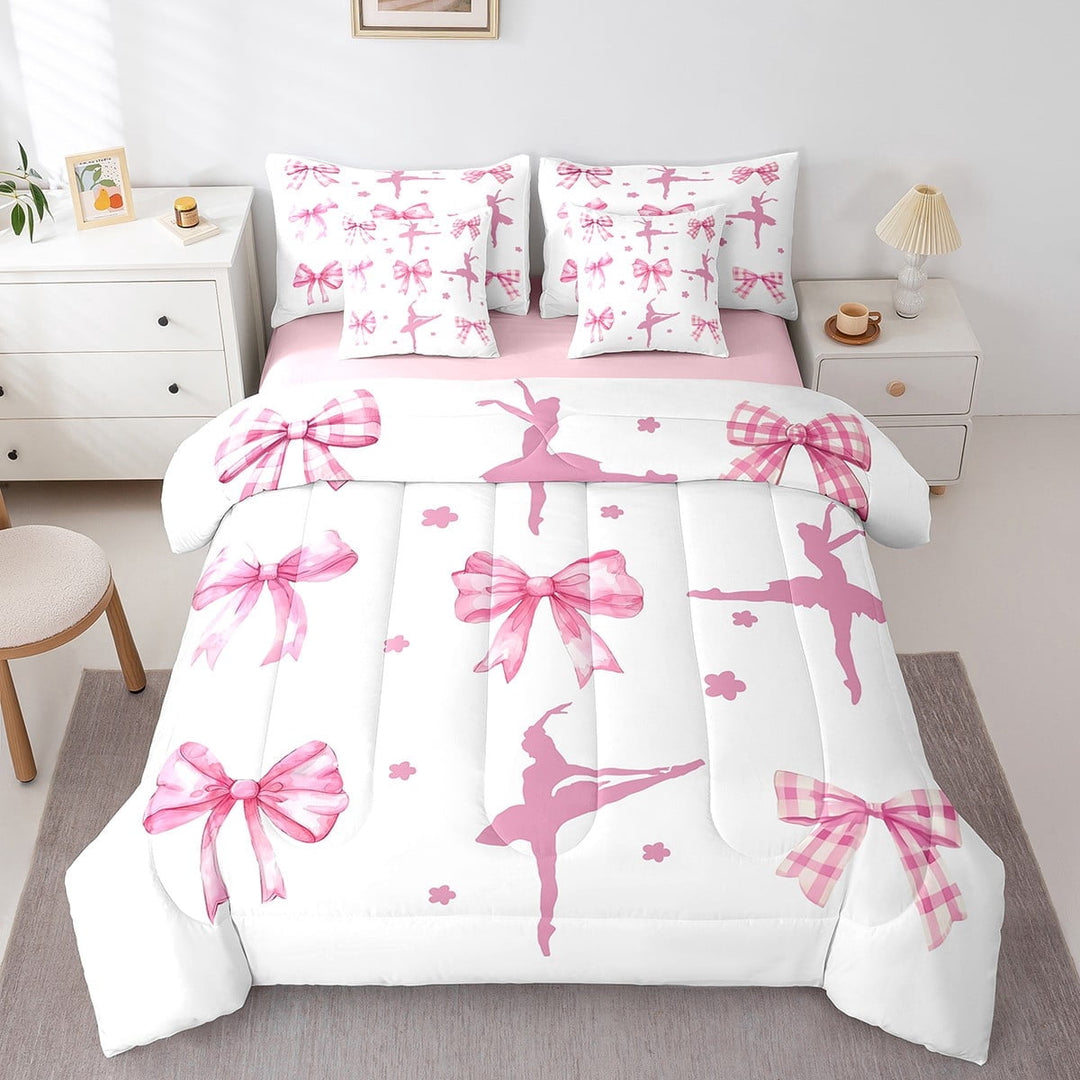 Erosebridal Floral Bow Tie Bedding Sets Twin Size,Geometric Plaid Comforter Sets with Sheets,Ballet Theme Bed in a Bag Twin size,Ultra Soft Cartoon Bedroom Decorative,Reversible,7pcs