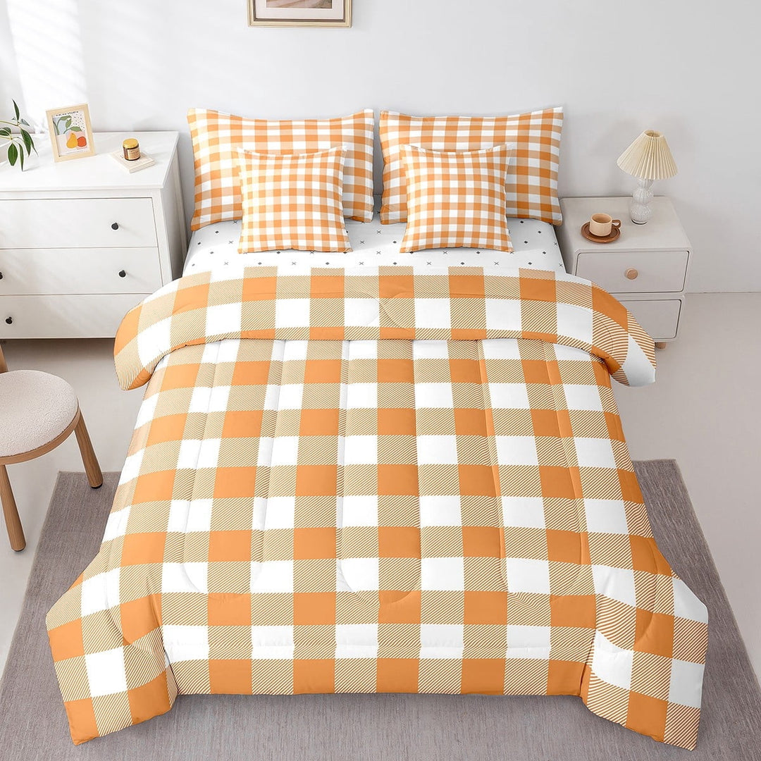 Erosebridal Abstract Grid Bedding Sets Twin Size,Geometric Buffalo Comforter Sets with Sheets,Orange White Bed in a Bag Twin size,Ultra Soft Plaid Bedroom Decorative,7pcs