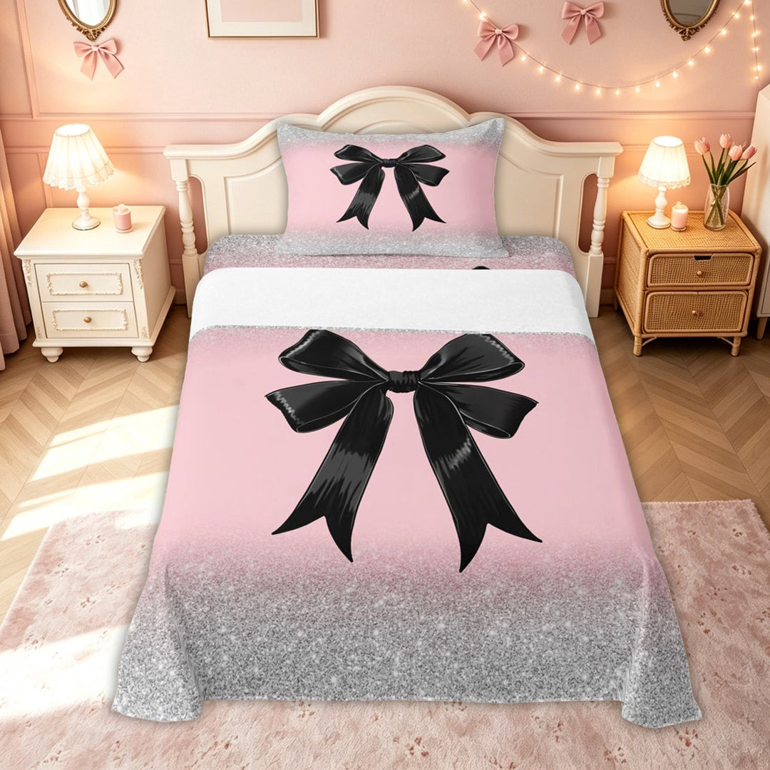 meiyoeat Fashion Bow Bed Sheets for Kids Girls, Glitter Print Full Size Sheets for Bedroom, Pink Black, 4-Piece