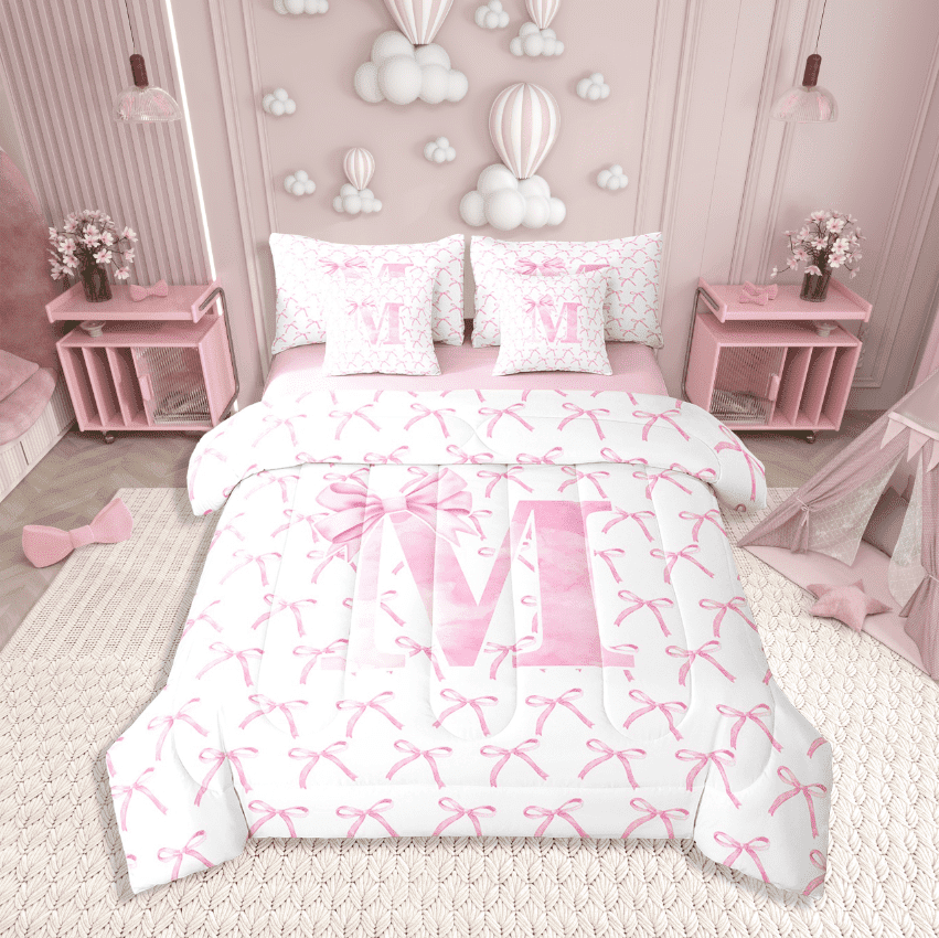 Erosebridal Kawaii Bowknot Bedding Sets Twin Size,Initial Letter Comforter Sets with Sheets,Monogrammed Decor,Reversible,7pcs