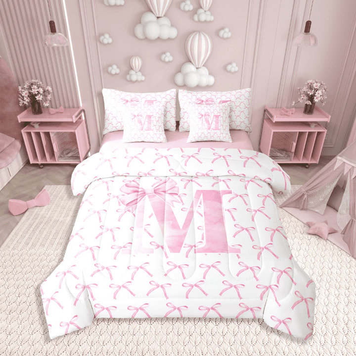 Erosebridal Kawaii Bowknot Bedding Sets Twin Size,Initial Letter Comforter Sets with Sheets,Monogrammed Decor,Reversible,7pcs