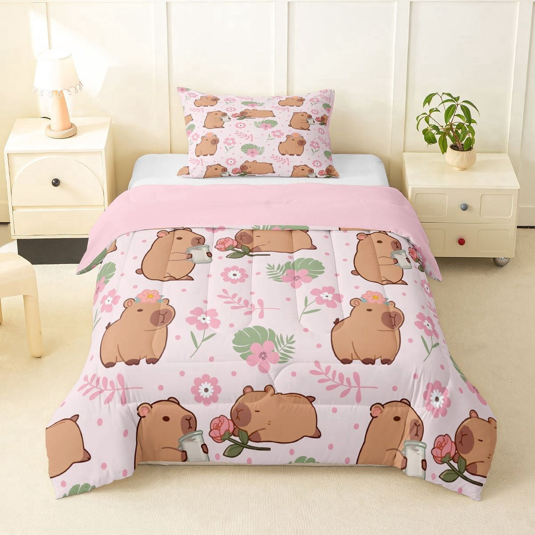 Erosebridal Cute Capybara Twin Comforter Sets 3-Piece For Teens,Cartoon Flowers Leaves Animal Bedding Set For Kids Boy Girls,Pink Reversible