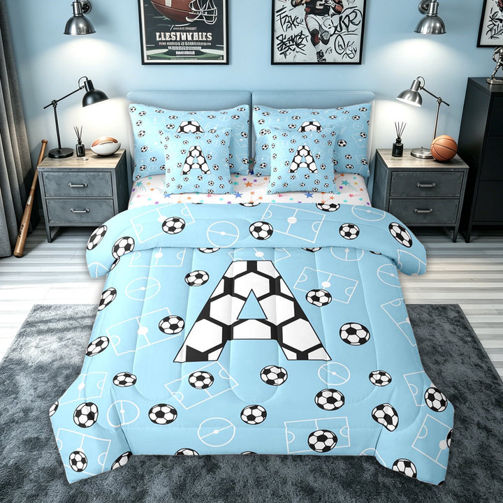 meiyoeat Soccer Letter A Full Size Bedding Sets for Boys, Cartoon Football Sports Full Size Bed in a Bag for Bedroom, Blue, Colorful Stars Reversible, 7-Piece