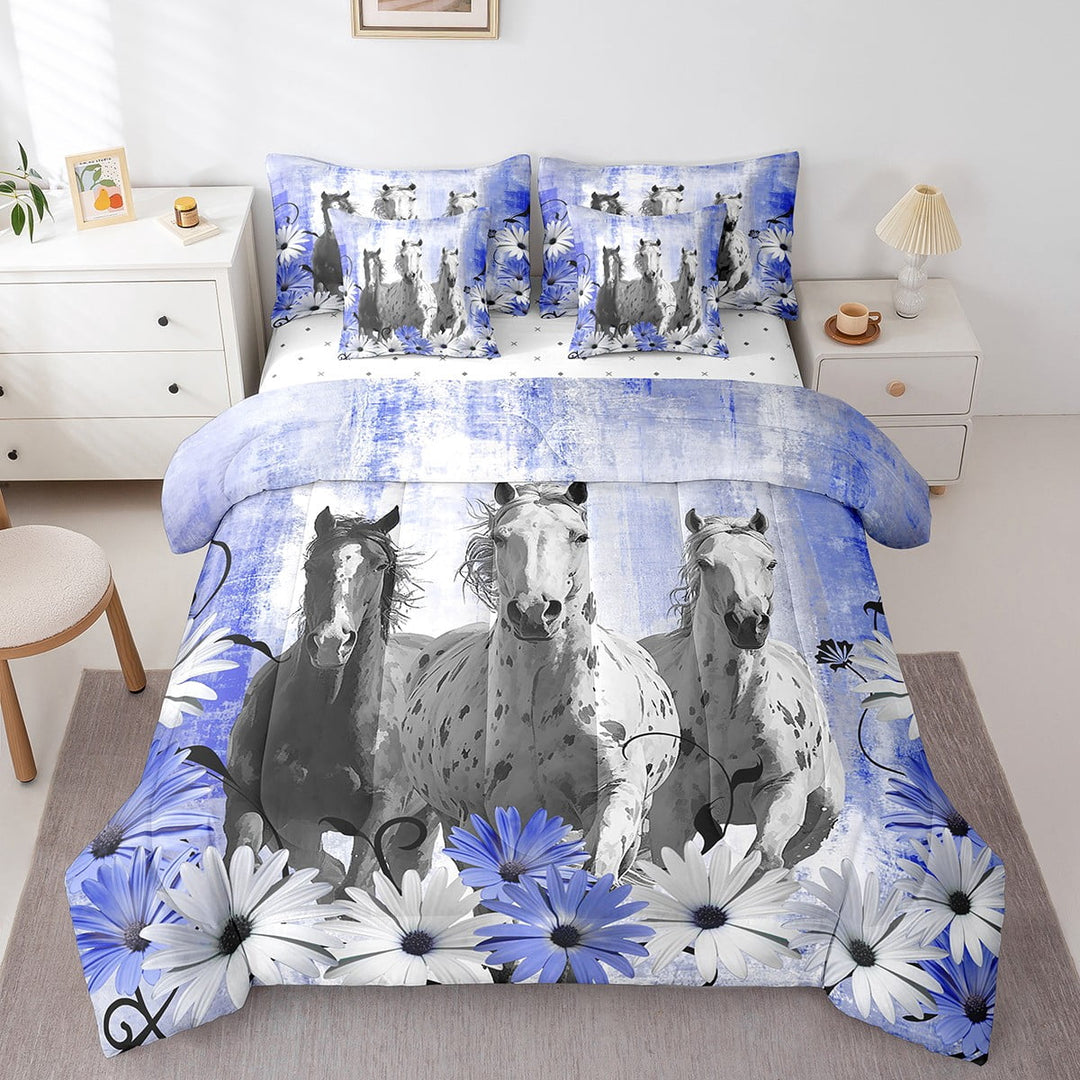 Horse Comforter Farm Animals Bedding Sets Blue Graffiti Ombre Art Bed In a Bag Twin,Rustic Daisy Flowers Western Decor (1 Comforter,1 Flat Sheet,1 Fitted Sheet,2 Pillowcases,2 Throw Pillow Covers)