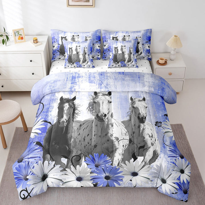 Horse Comforter Farm Animals Bedding Sets Blue Graffiti Ombre Art Bed In a Bag Twin,Rustic Daisy Flowers Western Decor (1 Comforter,1 Flat Sheet,1 Fitted Sheet,2 Pillowcases,2 Throw Pillow Covers)
