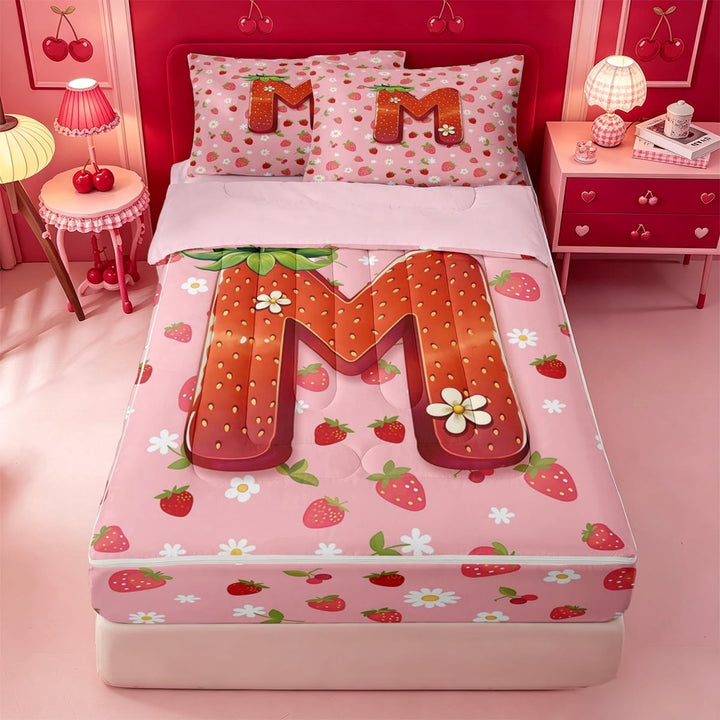 meiyoeat 3D Initial Letter M Zipper Twin Comforter Sets With Fitted Sheet And 2 Pillowcasescartoon Flowers Daisy Zipper Bedding Set For Girl,Pink Reversible,4-Piece