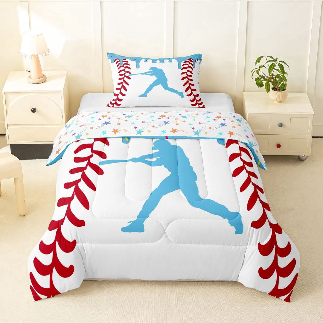 Erosebridal Light Blue Dripping Baseball Stitch &amp; Batter Silhouette Graphic Twin Comforter Sets 3-Piece, Ball Gamer Bedding Set for Boys And Girls Kids,Microfiber Bedroom Decor