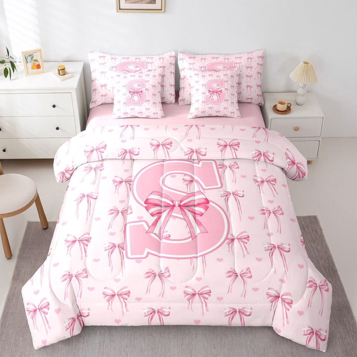 Erosebridal Pink Bow Tie Initial S Twin Bedding Sets 7-Piece For Children Teens,Cute Love Heart Print Bedding Comforter Set For Girls,Pink Reversible