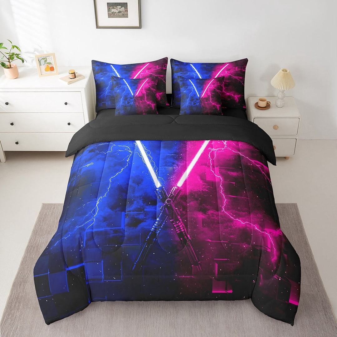 Erosebridal Galaxy Lightsaber Bed in a Bag Twin size, Modern Rectangle Bed Set, Futuristic Decor, Reversible 7pcs