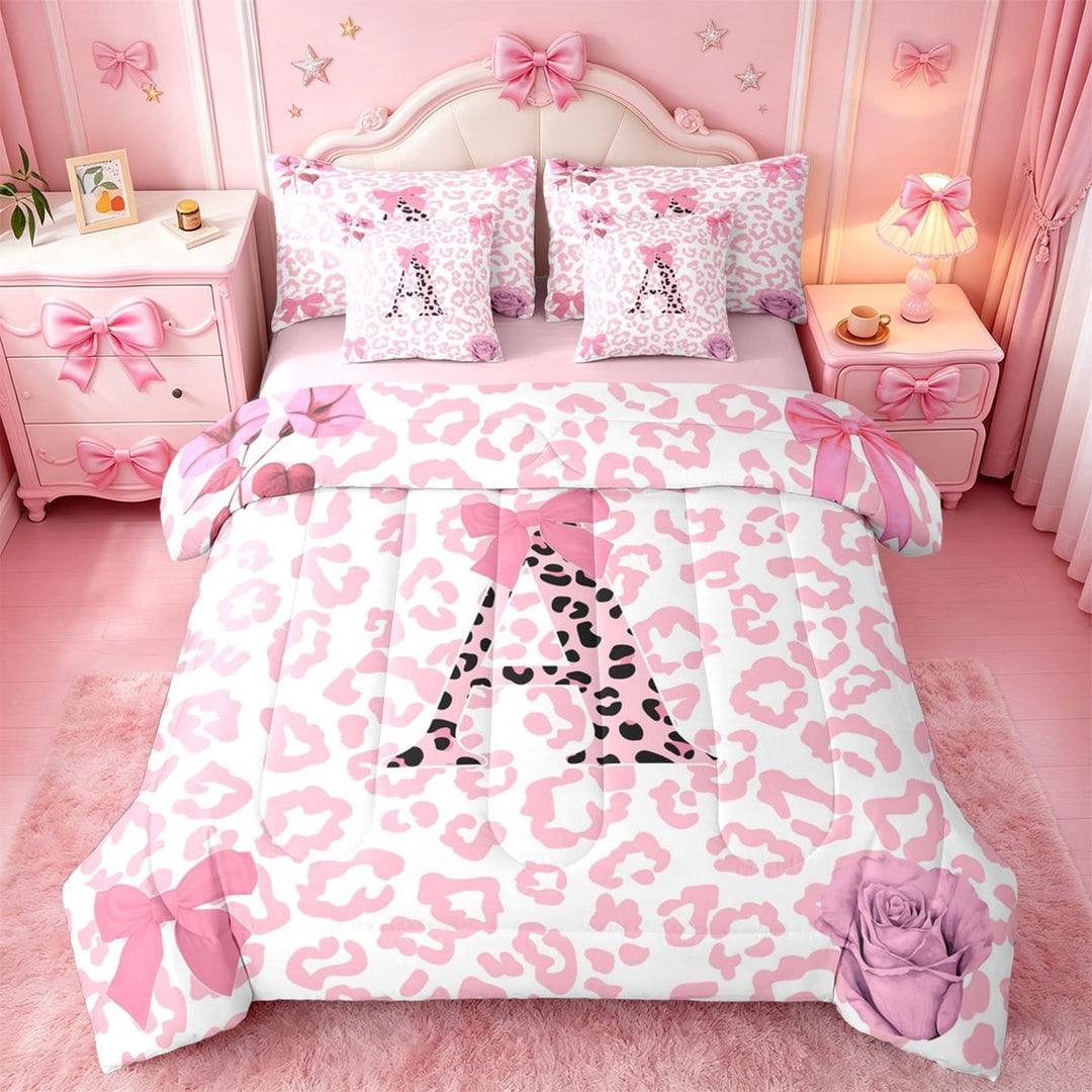 Erosebridal Pink Leopard Print 7-Piece Twin Bedding Sets For Girls,Letter A Initial Bedding Comforter Set,Pink Reversible