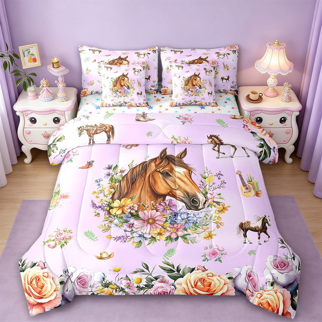 Erosebridal Rainbow Floral Bed in a Bag Twin Size,Farm Horse Bed Set,Western Cowgirl Bedding Twin Size,Microfiber Bedroom Decor Reversible,7 Pieces