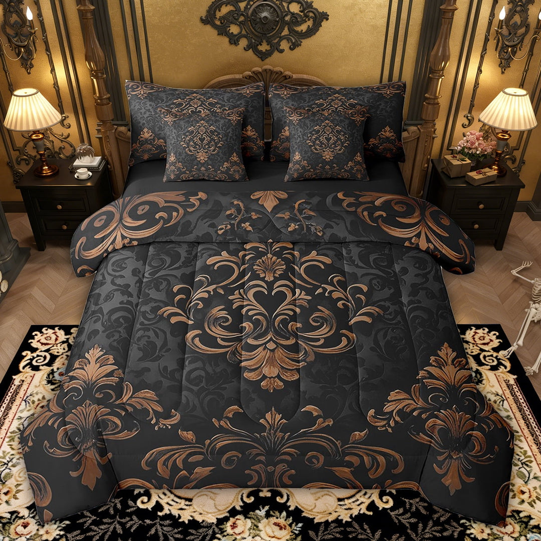 Manfei Bohemian Damask 7pcs Bedding Full Size, Black Brown Comforter Sets with Sheets, Victorian Flower Bed Set, Breathable Bedroom Decoration